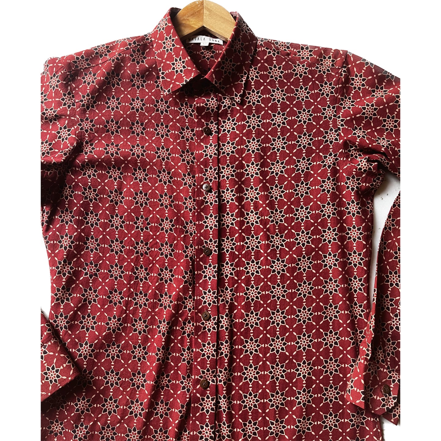 Red flower block print shirt